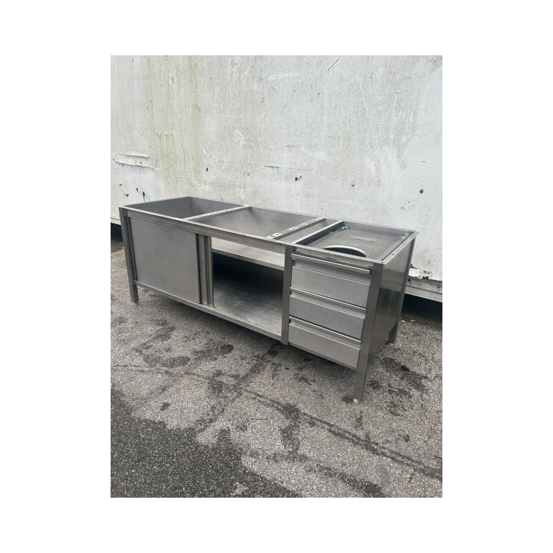 Arbeitstisch Edelstahl ca. 197 cm breit auf Rollen mit Schubladen